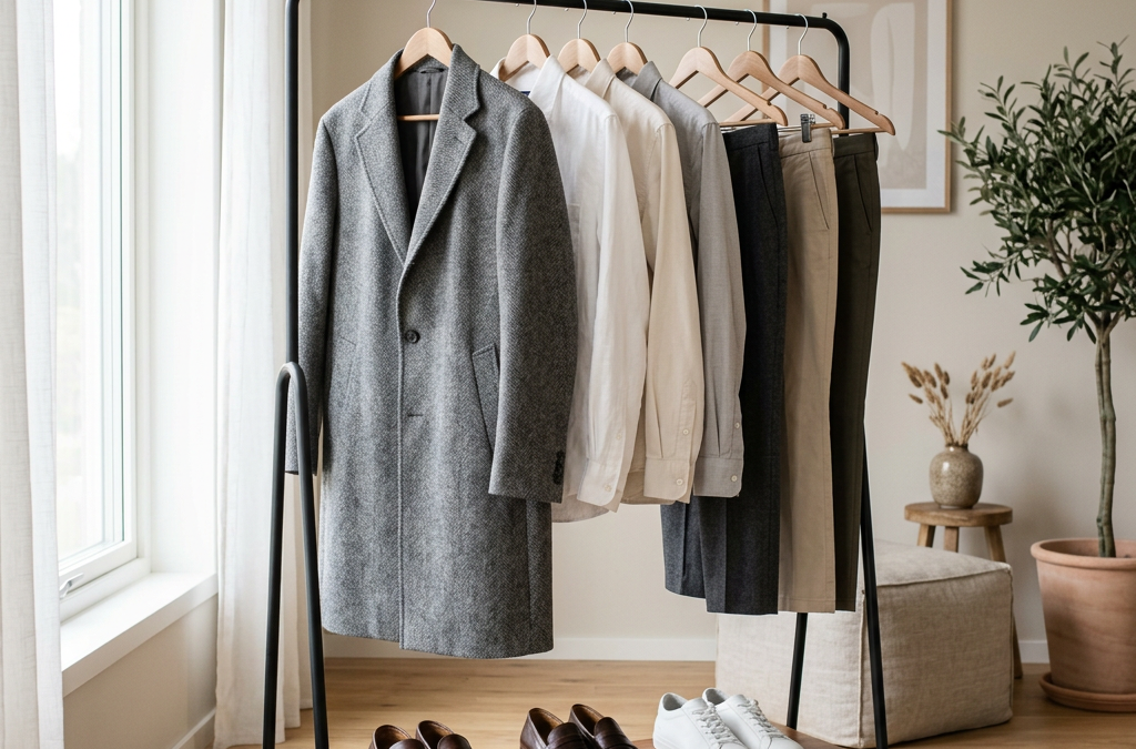 Clothing rack with neutral garments, loafers, and white sneakers